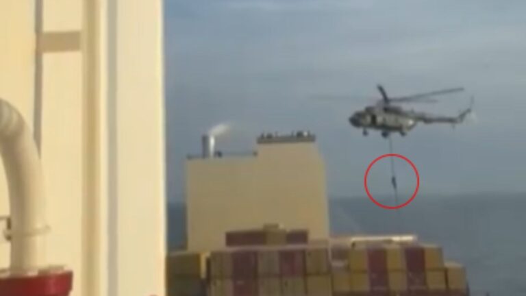 Chilling moment Iran’s Revolutionary Guards scale down helicopter & seize Israeli-linked ship as IDF vows ‘consequences’