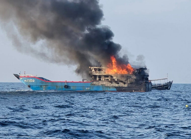 Terrified tourists leap overboard from burning ferry heading to Thailand’s infamous ‘Death Island’ as nearly 100 rescue
